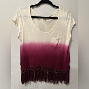 Empyre Women’s Sheer Front Pocket Ombre Fringe Tassel Bottom Cropped Shirt Top